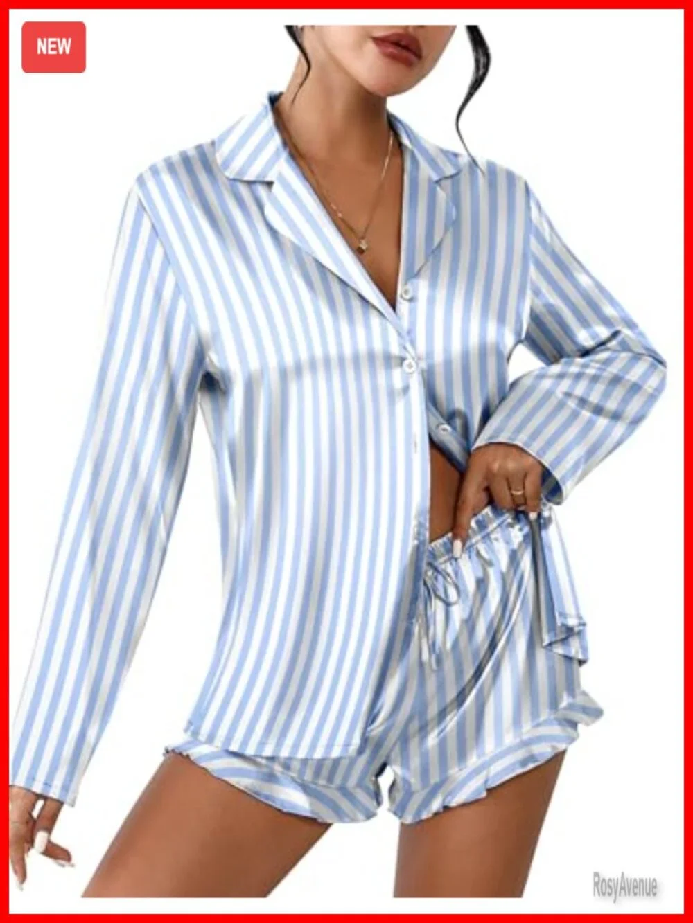 Satin Pajama Set Long Sleeve Top and Shorts Button Down Lounge Sleepwear